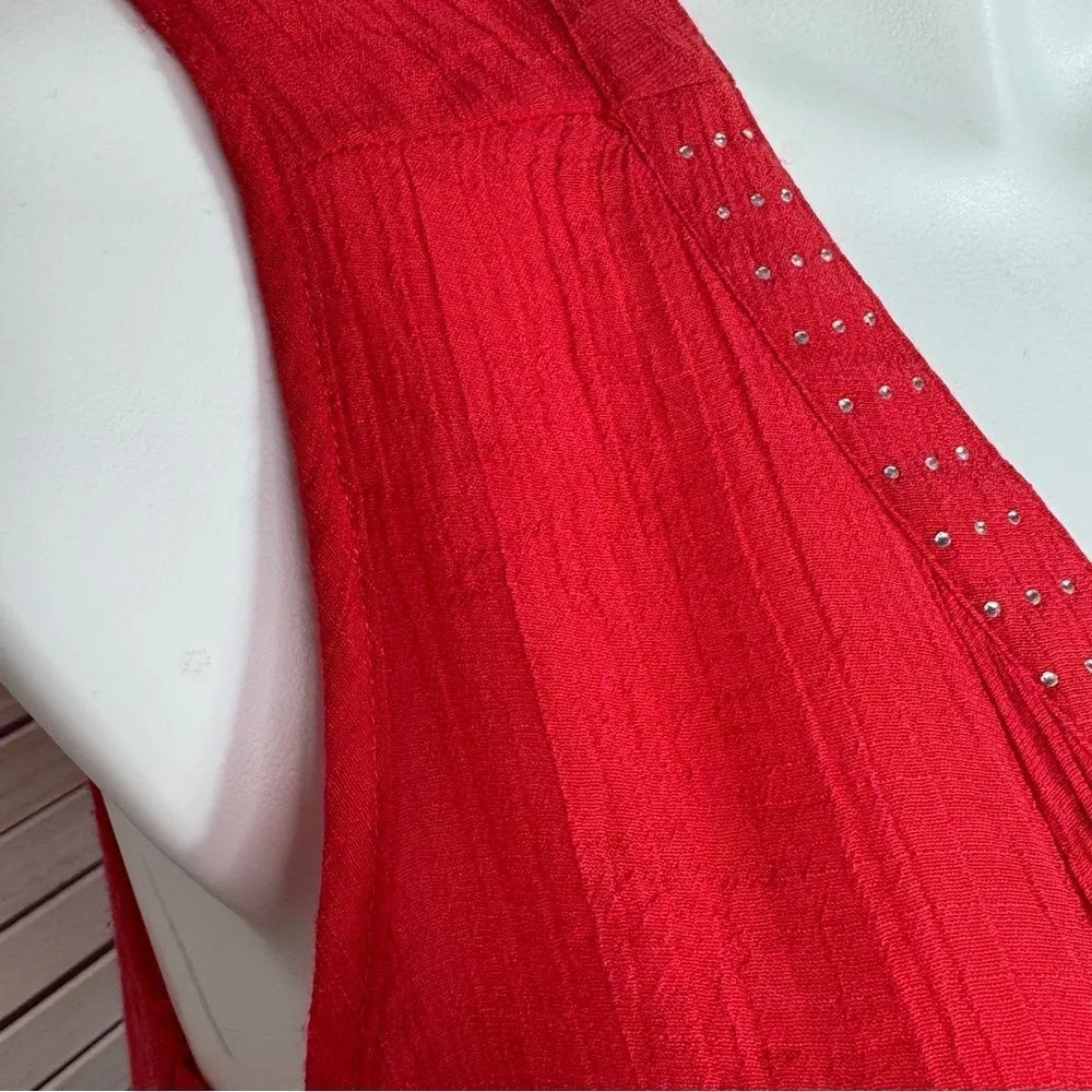 Elementz Rhinestone V Neck Pleated Button Up Tunic Tank‎ Top Red 1X - Image 7
