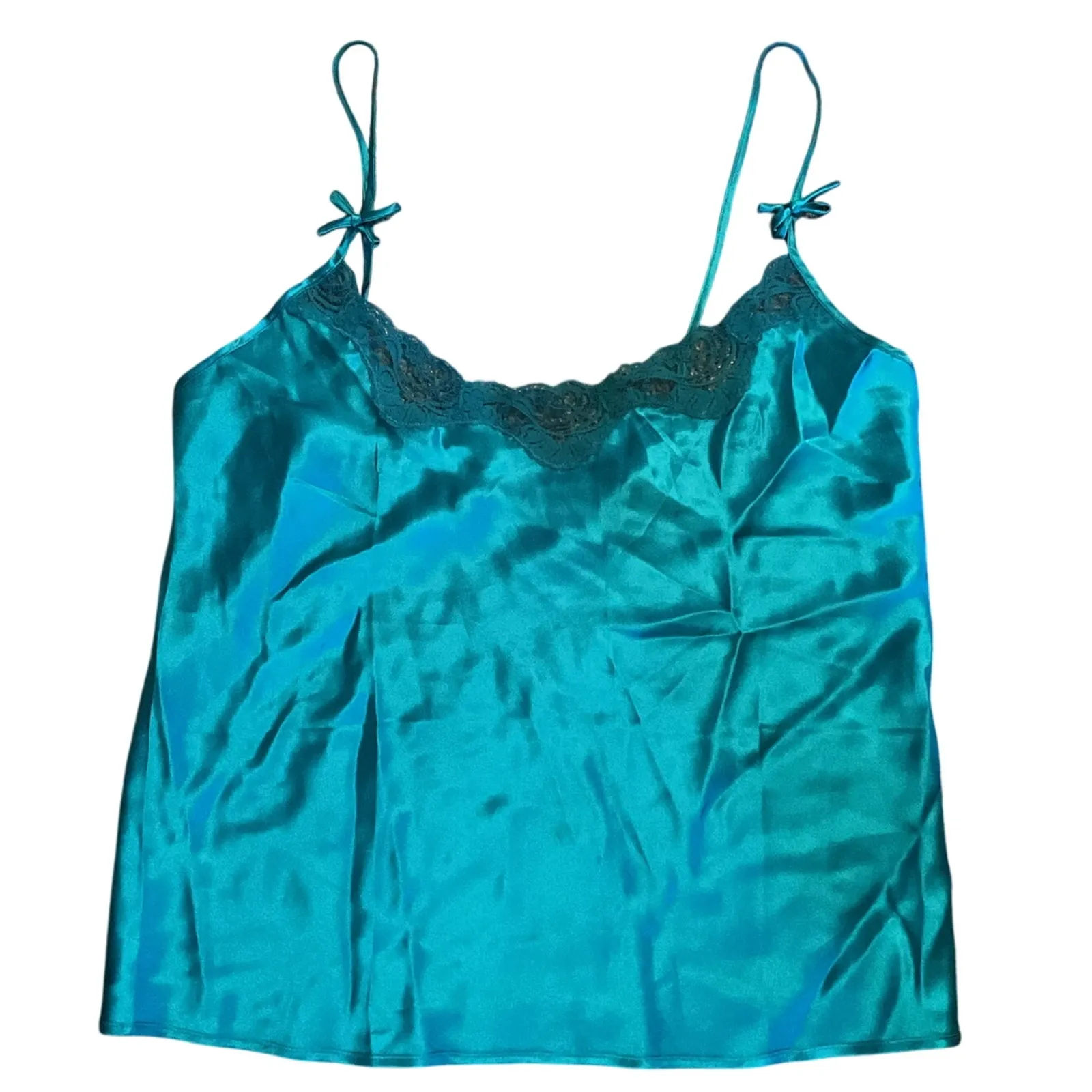 Vintage Victoria’s Secret Tank Top Teal 100% Silk Lace Cami Blue L Y2K 90s - Image 5