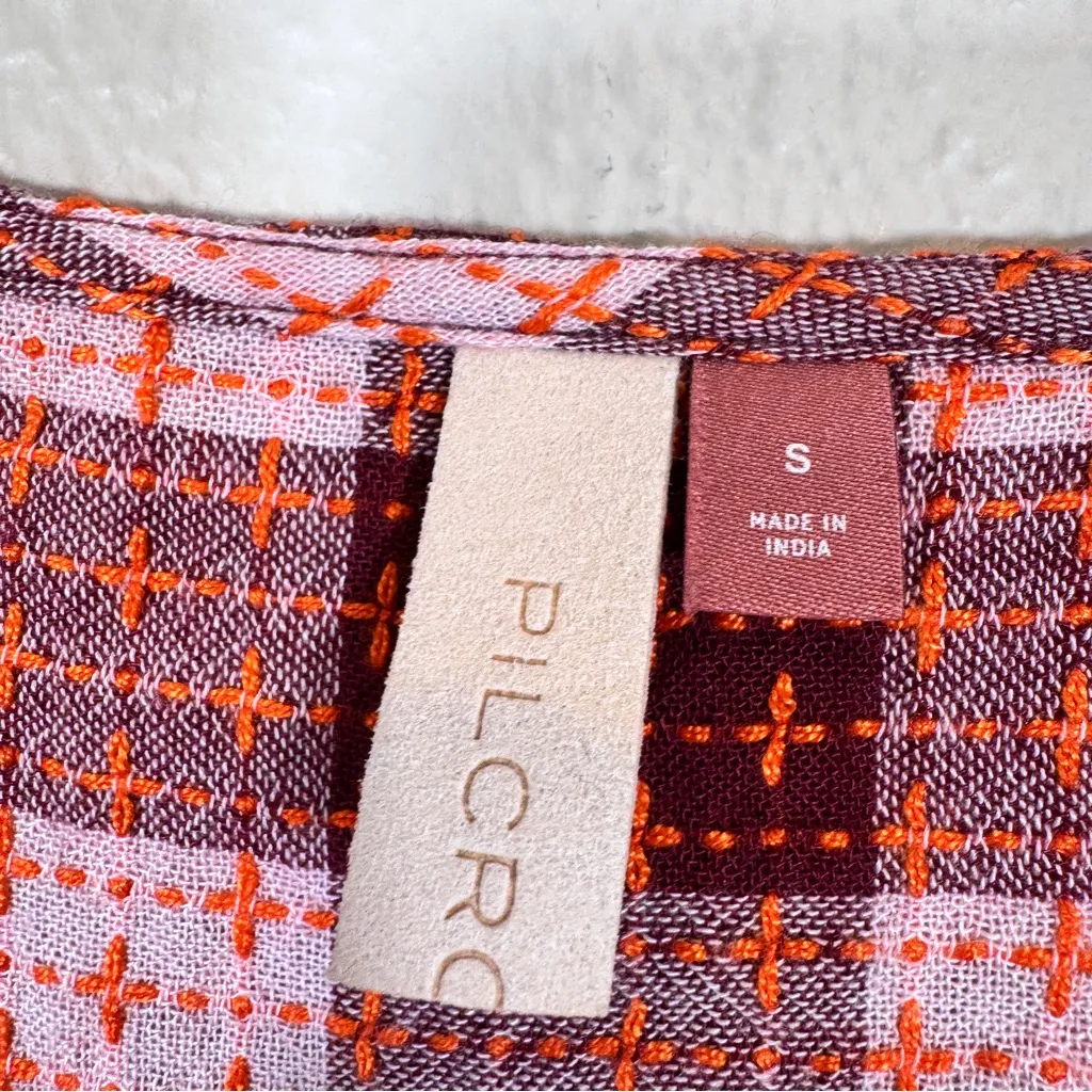 Pilcro Pink Red Plaid Peplum Blouse Womens S Fall Boho Long Sleeve Shirt Top - Image 9