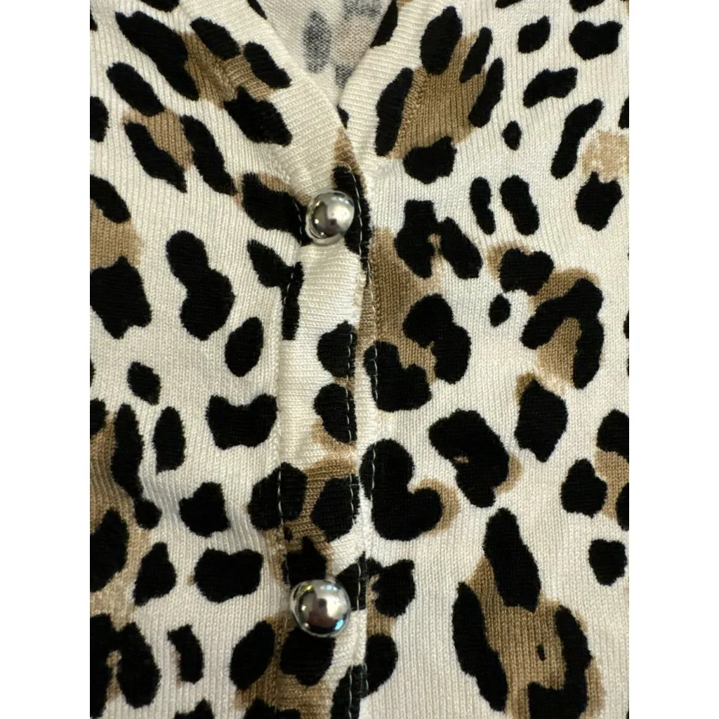White House Black Market Leopard Cardigan Sweater Medium Women Animal 3/4 Sleeve - Image 3