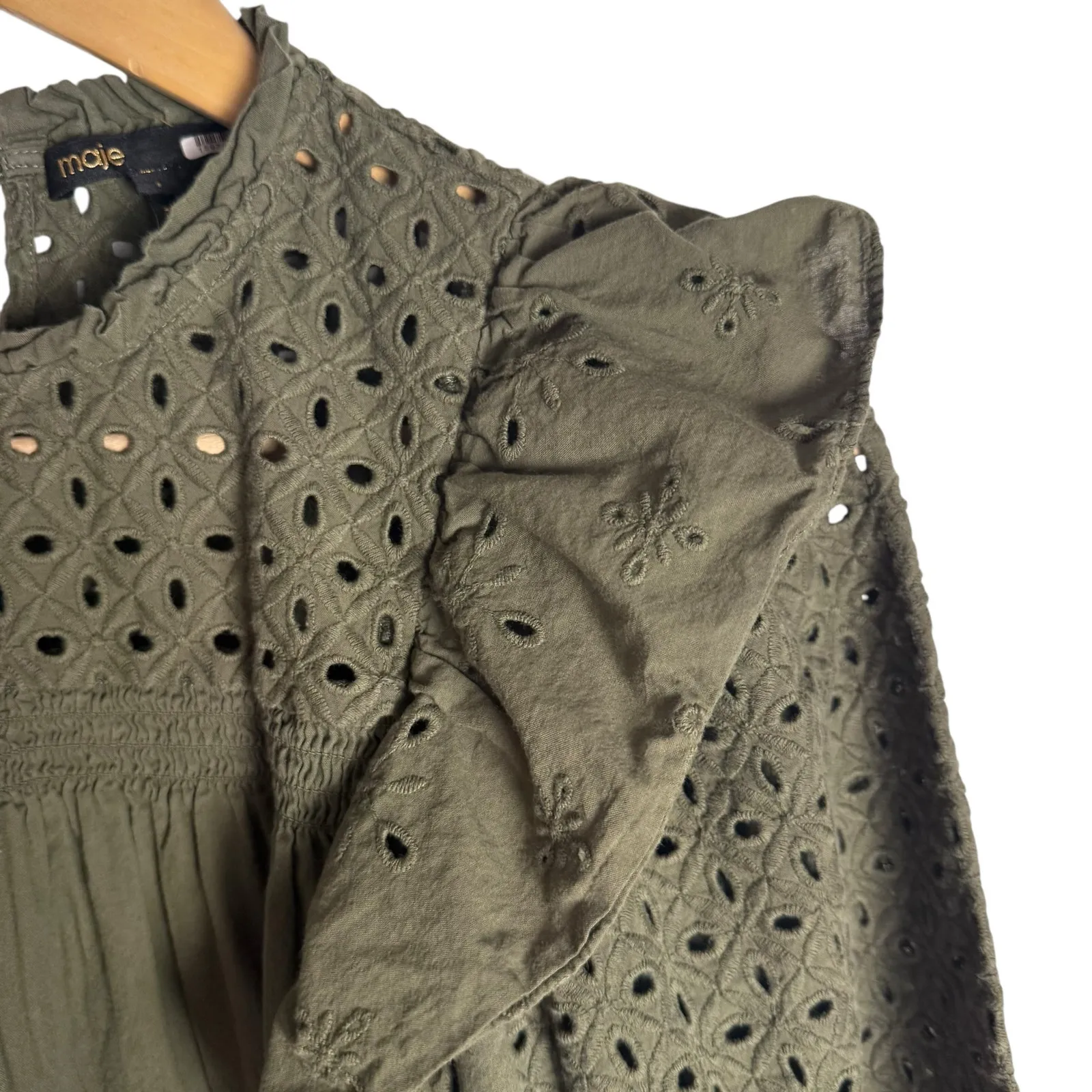 Maje Linode Olive Green Ruffled Eyelet Long Sleeve Top Size Small - Image 10