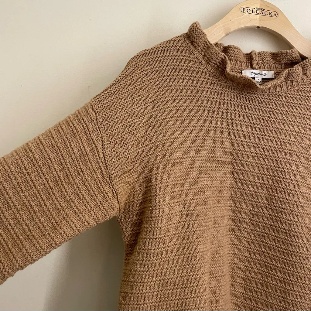 Madewell Merino Wool Blend Textured Knit Ruffle Sweater Camel Brown Size S - Image 8