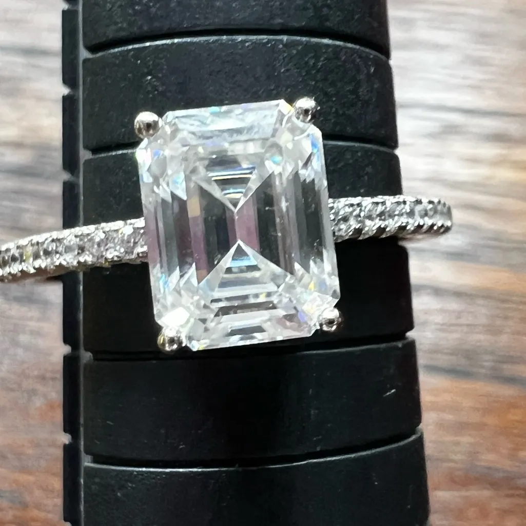 1 Carat Emerald Cut Moissanite Sterling Silver Ring Size 9 - Image 7