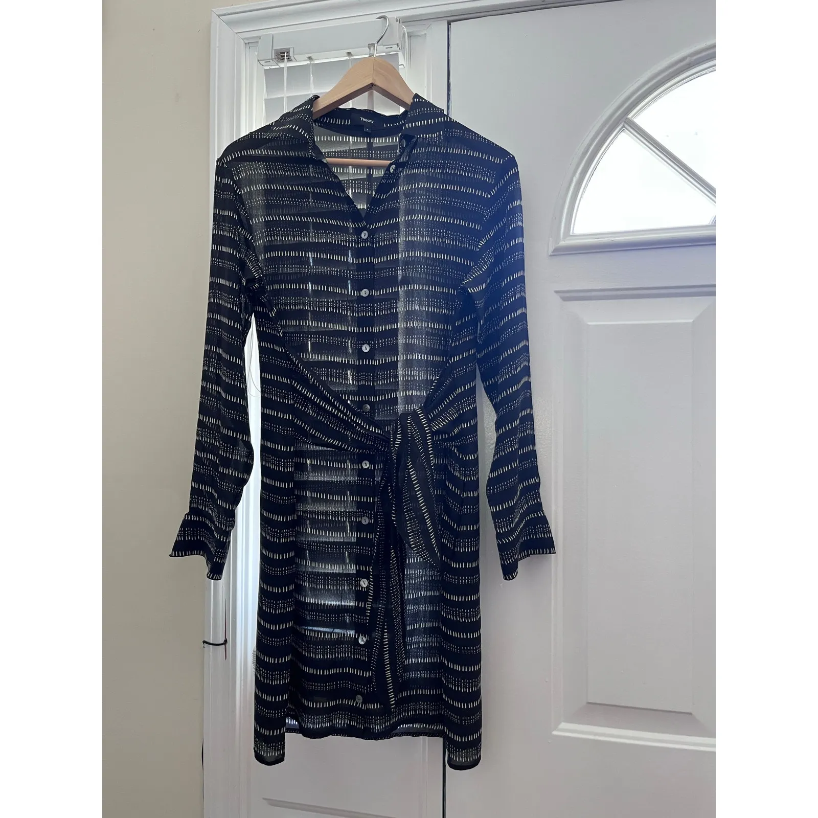 Theory Black Silk Semi Sheer Collared Waist Tie Long Sleeve Shirt Dress Small - Image 3