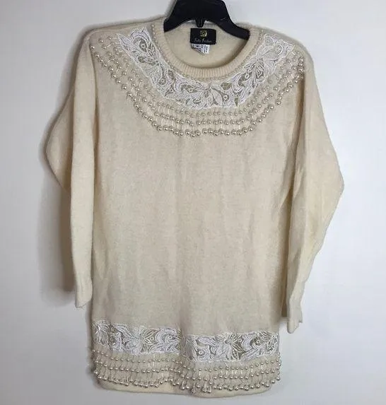 Fully fashion wool and rabbit blend pearl embellished pullover ladies sweater Size M - Image 1