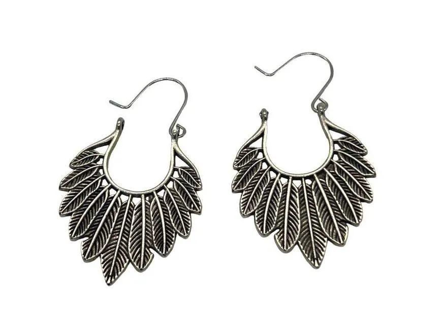 Silver Tone Feather Hoop Earrings Dangle Wire 2" Long Boho Hippie Southwestern - Image 3