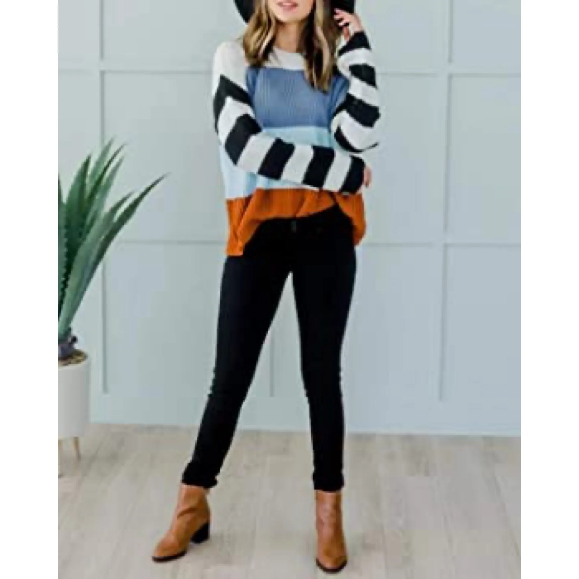 Long Sleeve Striped Color Block Casual Loose Knitted Pullover Sweater Top Small Multi - Image 3