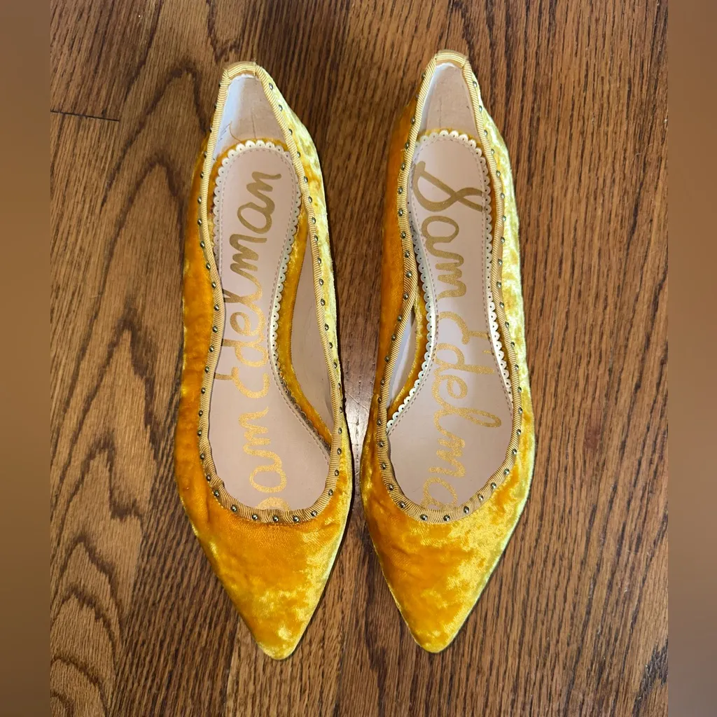 Gold Velvet Sam Edelman Studded Pointy Toe Flats - Image 2