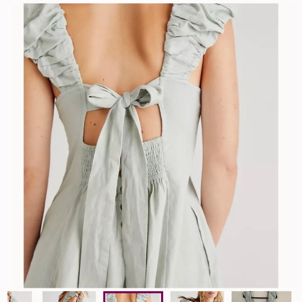 Free People mini dress Bom Bom Island linen cotton cutout sage babydoll ruffle - Image 3