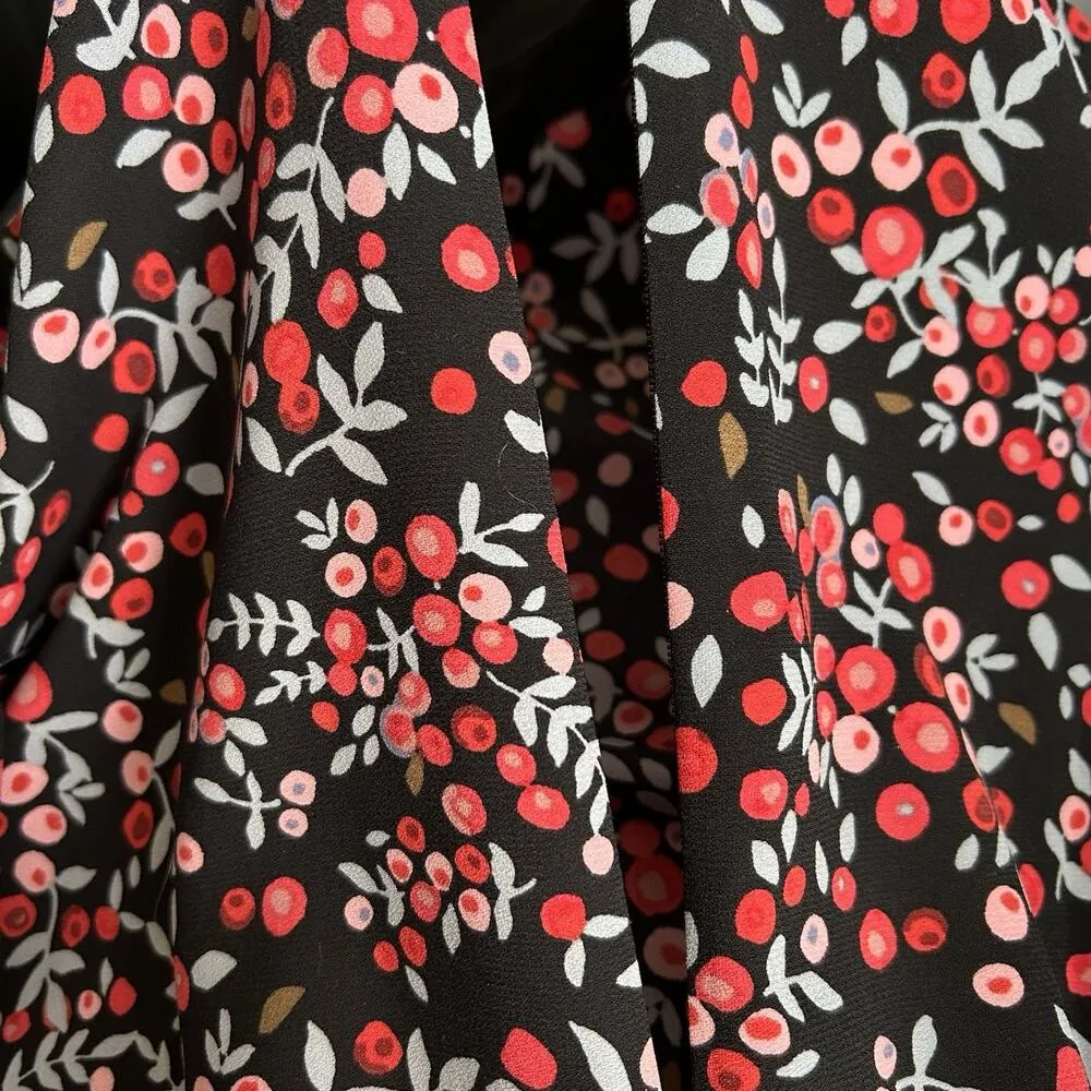 LOFT Dress Womens Size Small Velvet Trim Long Sleeve Keyhole Floral Cherry Berry - Image 10