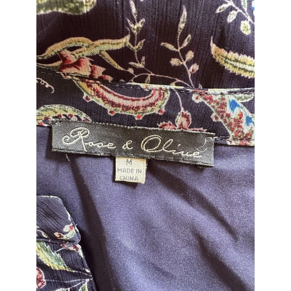 Rose & Olive Women's Black Floral Chiffon Tie Waist Boho Dress 3/4 Sleeve Sz. M - Image 7