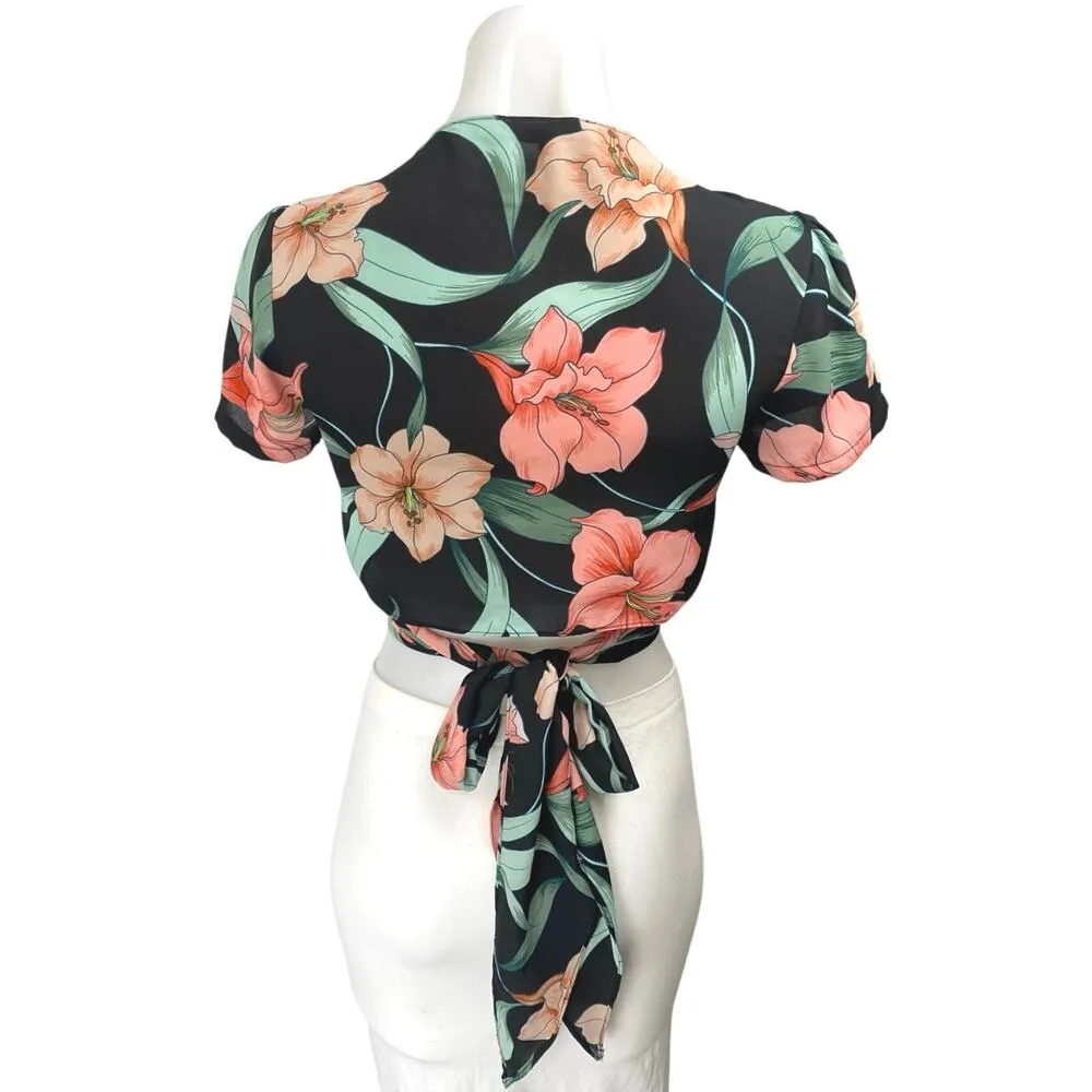 Olivaceous Women's Black Multicolor Floral Short Sleeve Crop Wrap Blouse Top S - Image 2