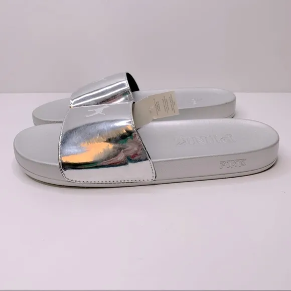 PINK‎ Victoria Secret Silver Single Padded Strap Slides With White Logo Dog - Image 3