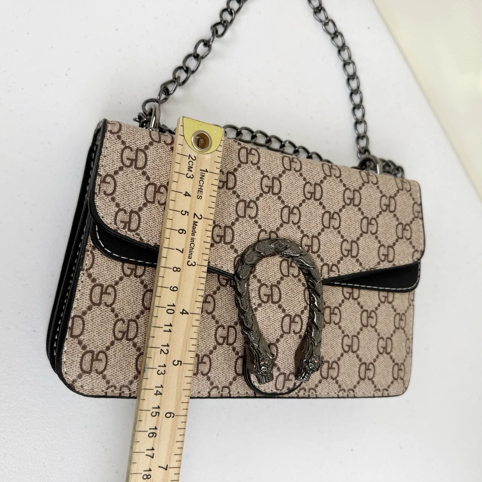 GD Monogram Crossbody Shoulder Bag Chain Strap Brown Tan Purse - Image 11