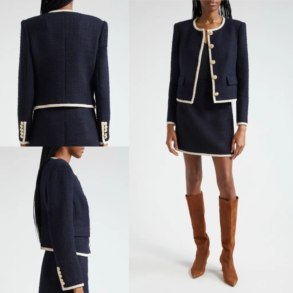 Veronica Beard Mabel Tweed Jacket Blazer Navy Ivory Trim Size 12 - Image 4