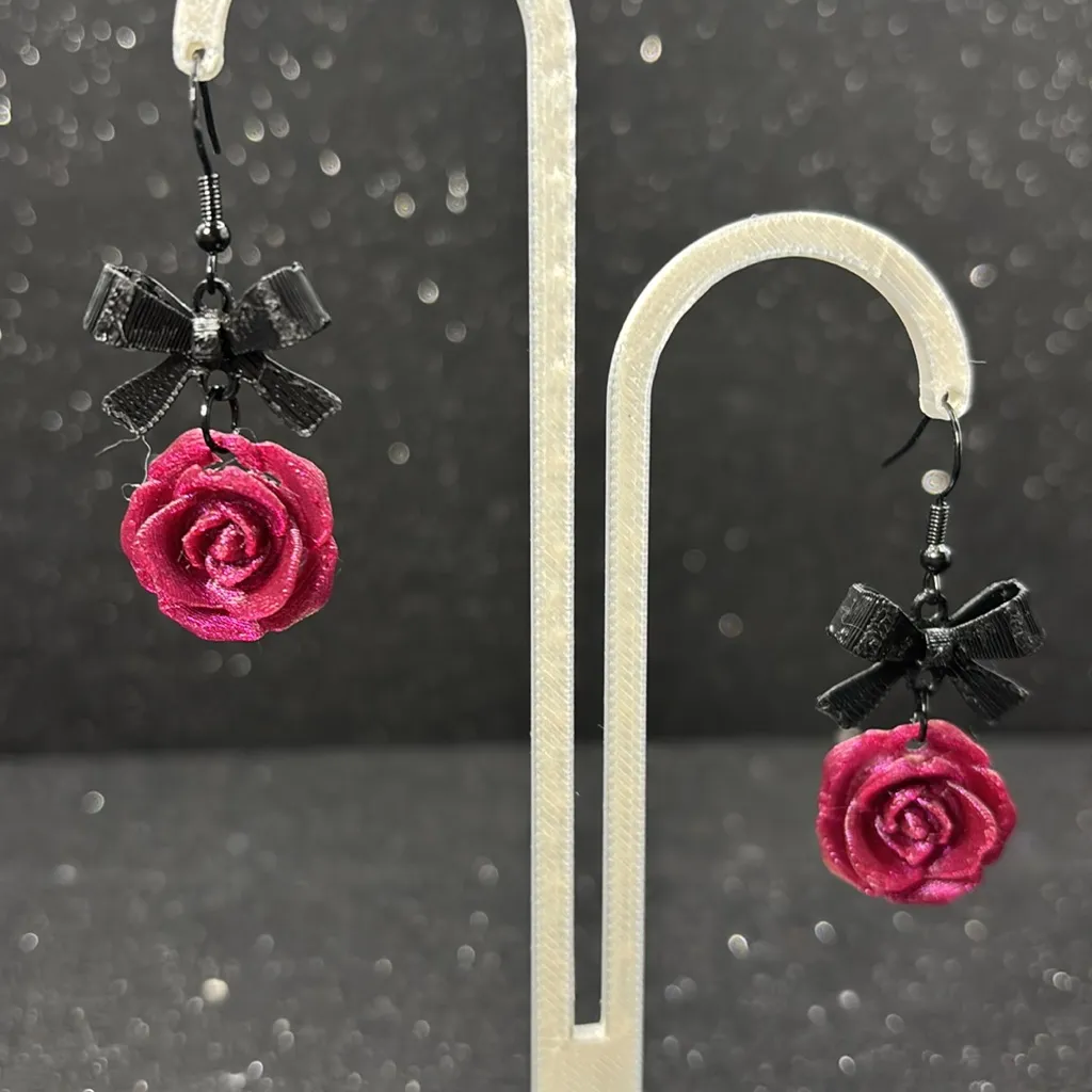 Pink Color Shift Rose and Black Bow Earrings - Image 3