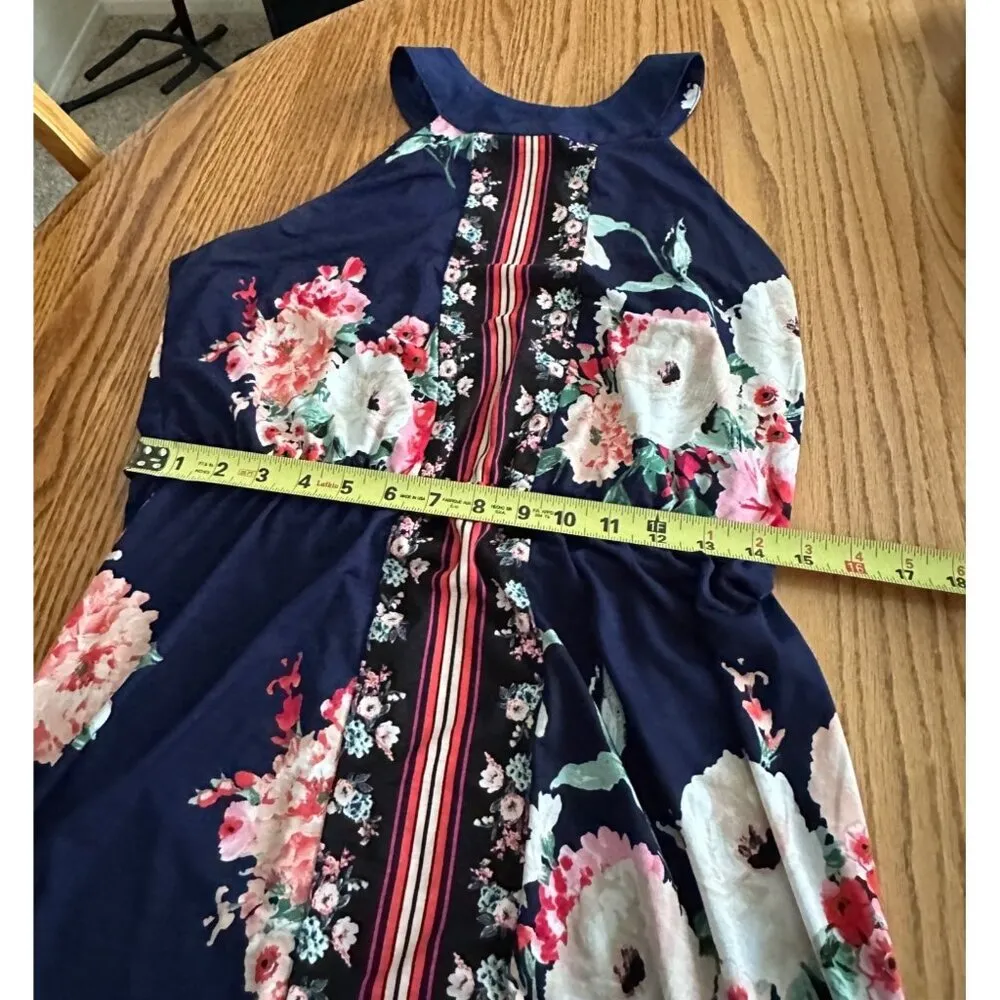 Three Pink Hearts Floral Halter Maxi Dress Pink Navy Front Slit Keyhole Back L Size undefined - Image 7