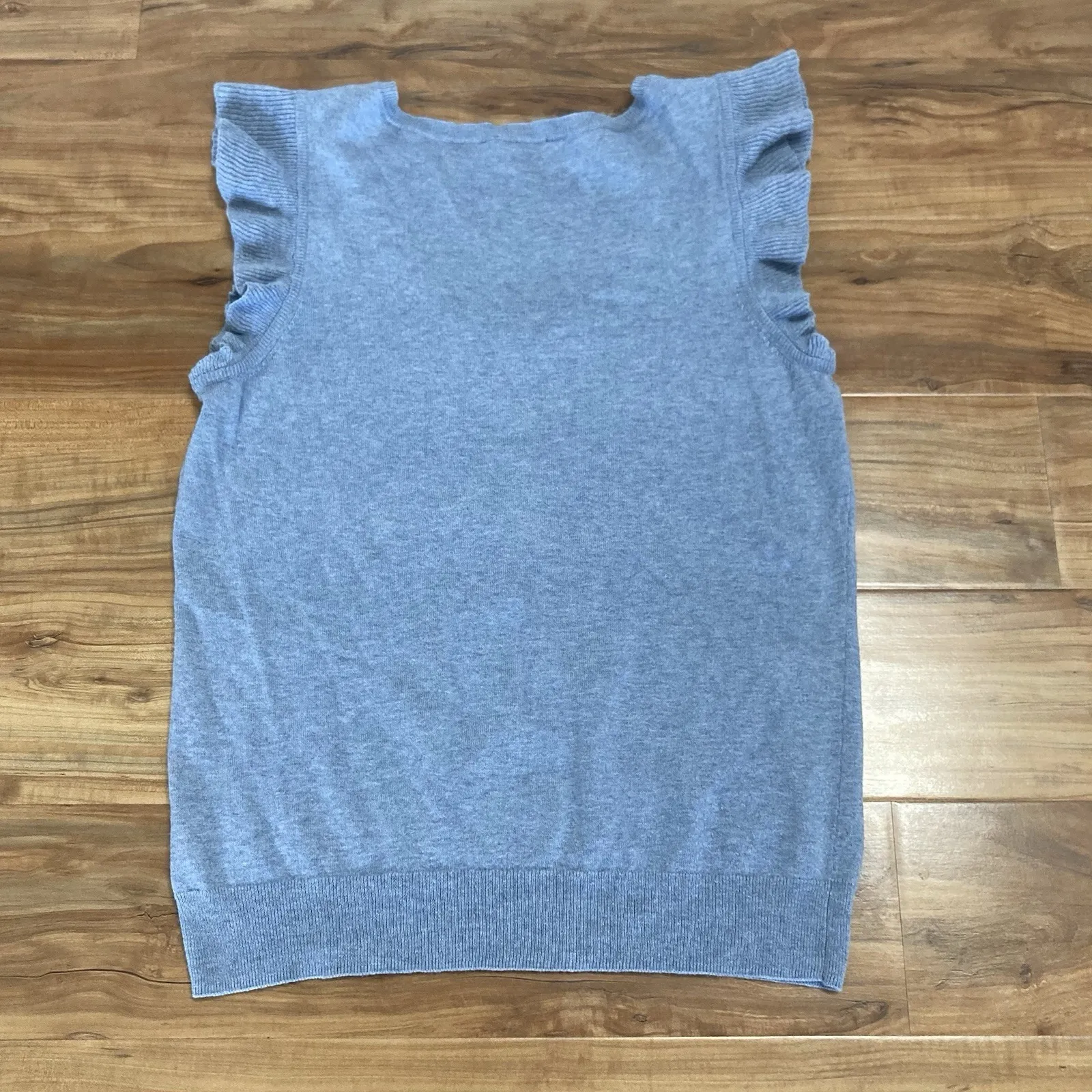 Talbots  Womens Sweater Wool Blend Sleeveless‎ Ruffle V Neck Sz Medium Blue - Image 4