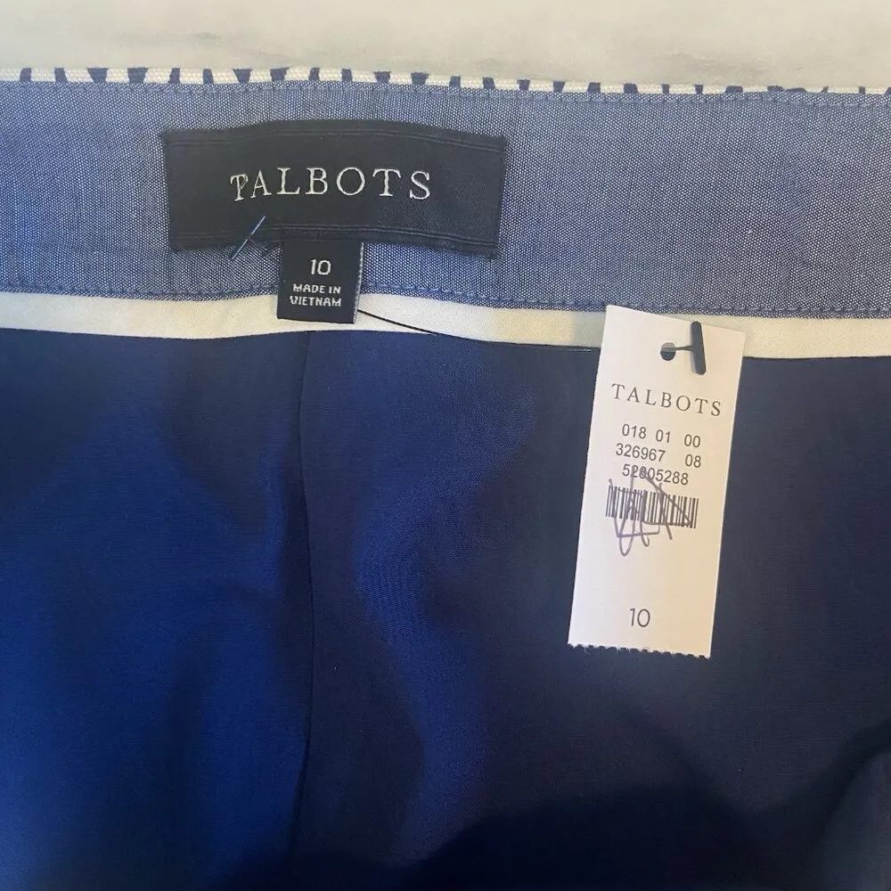 Talbots Skirt Womens 10 Navy Blue White Art Deco Fan Print Zip Cotton Blend Flex - Image 5