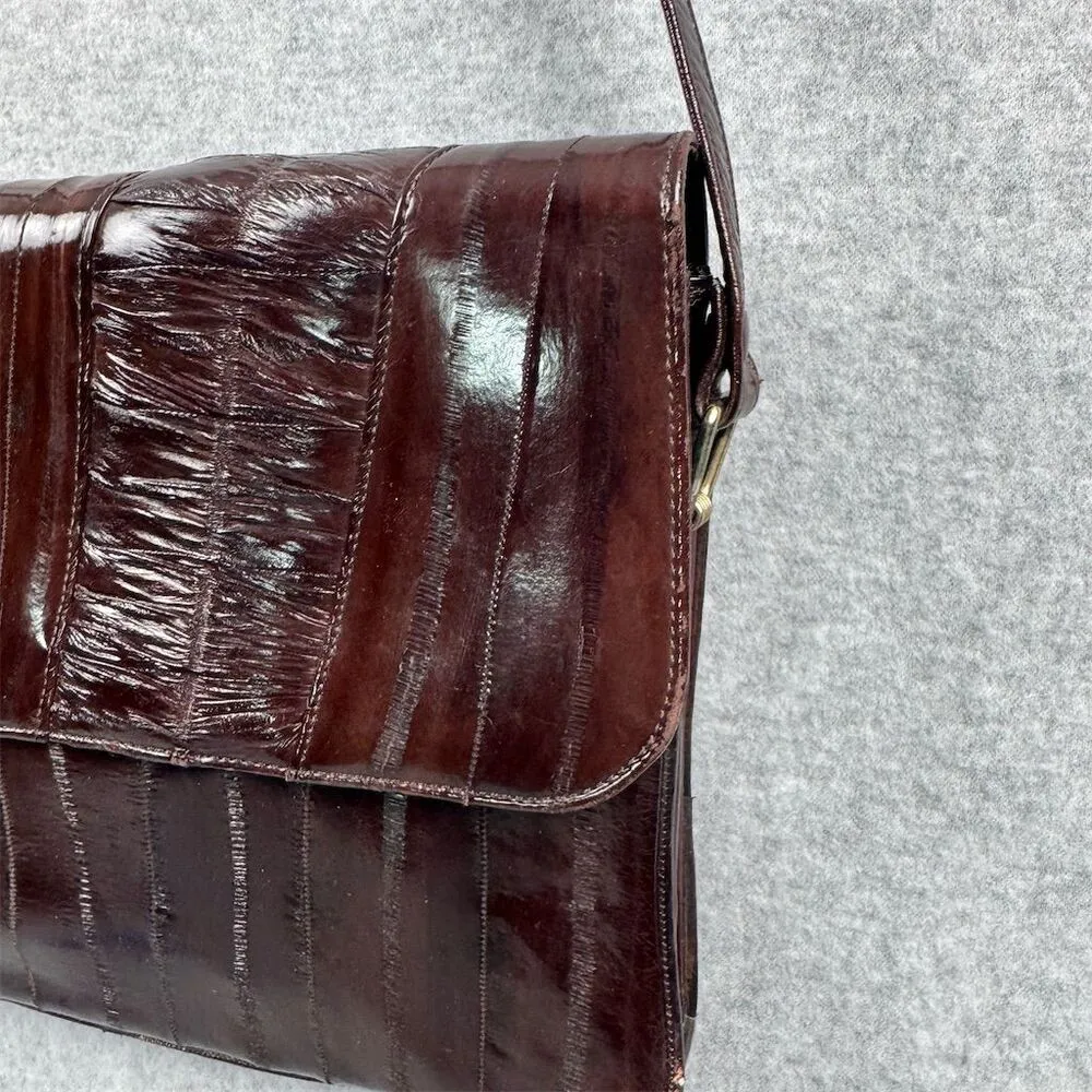 Vintage Eel Skin Shoulder Bag Deep Burgundy Flap Top Multiple Compartments - Image 2