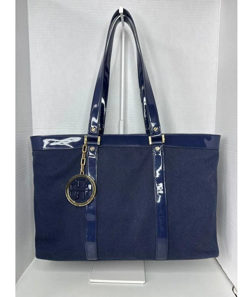 Tory Burch Canvas Jane Tote navy patient leather Shoulder Bag - Image 4