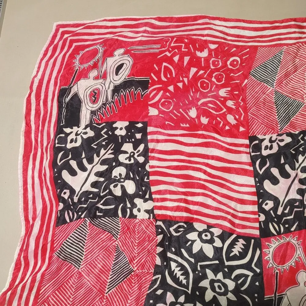 Oscar De La Renta Silk Scarf Twilly Vintage Abstract Red Black Print Japan READ - Image 13