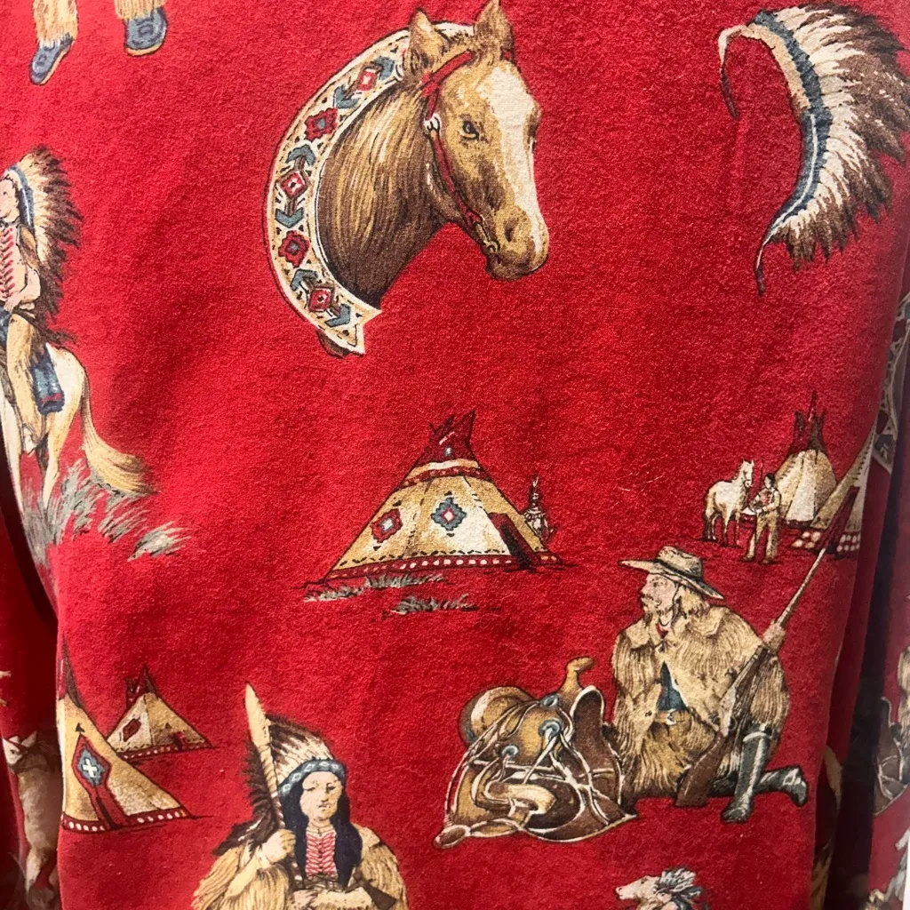 Vtg Sharon Young Western Shirt Size 10 Red Cowboy and Native American Indians Size L - Image 4