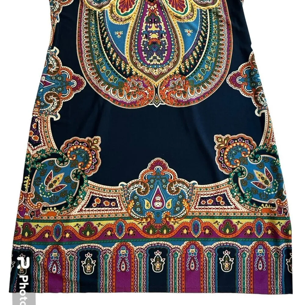 London Times Stained Glass Baroque Shift Skimmer Dress Size 12 Navy Colorful - Image 9