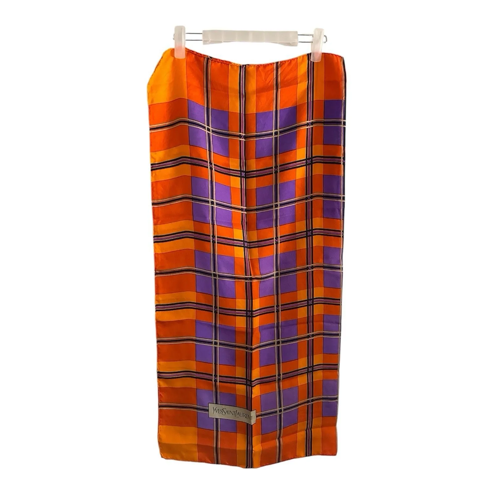 Yves Saint Laurent Red Orange Purple Silk Twill Check Long Scarf 32”x33” Vintage - Image 3