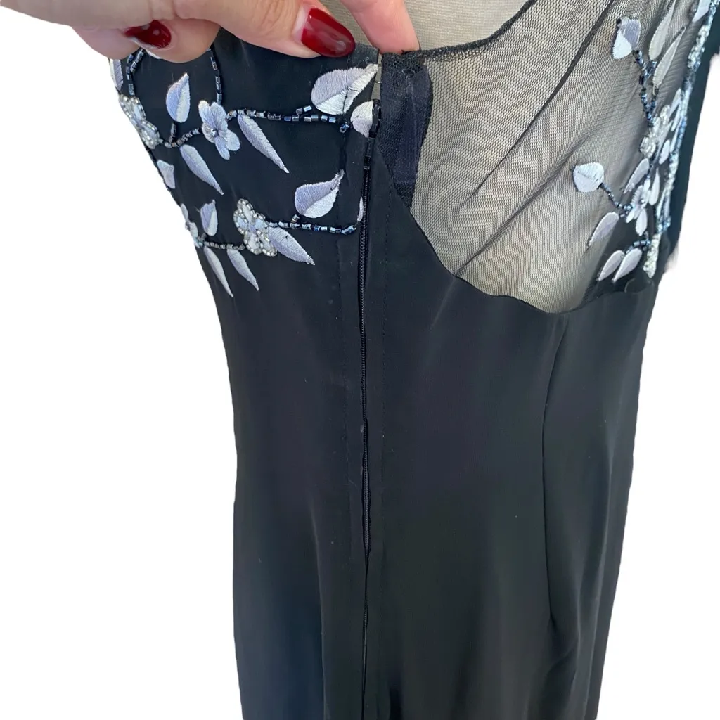 Vintage Black Embroidered Floral Beaded Mesh Evening Gown w/ Scarf | 90’s Y2K Size L - Image 7