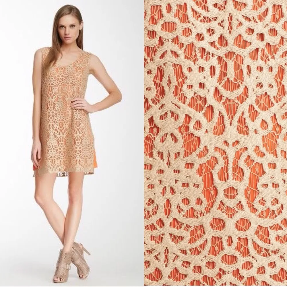 Robert Rodriguez • silk & lace shift dress orange chiffon beige tan sleeveless - Image 4