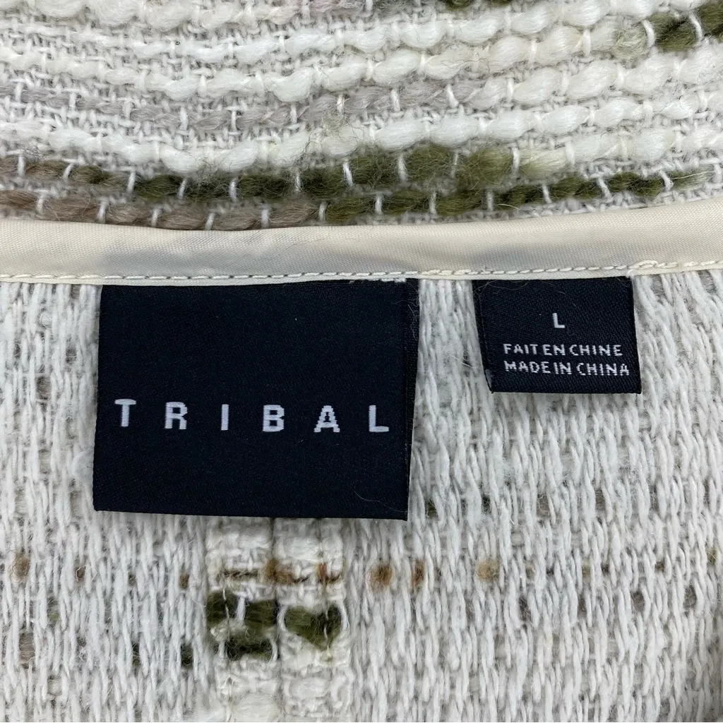 Tribal Large Button Front Cardigan Sweater Jacket Beige Cream Stripe Knit Moto Tan - Image 7