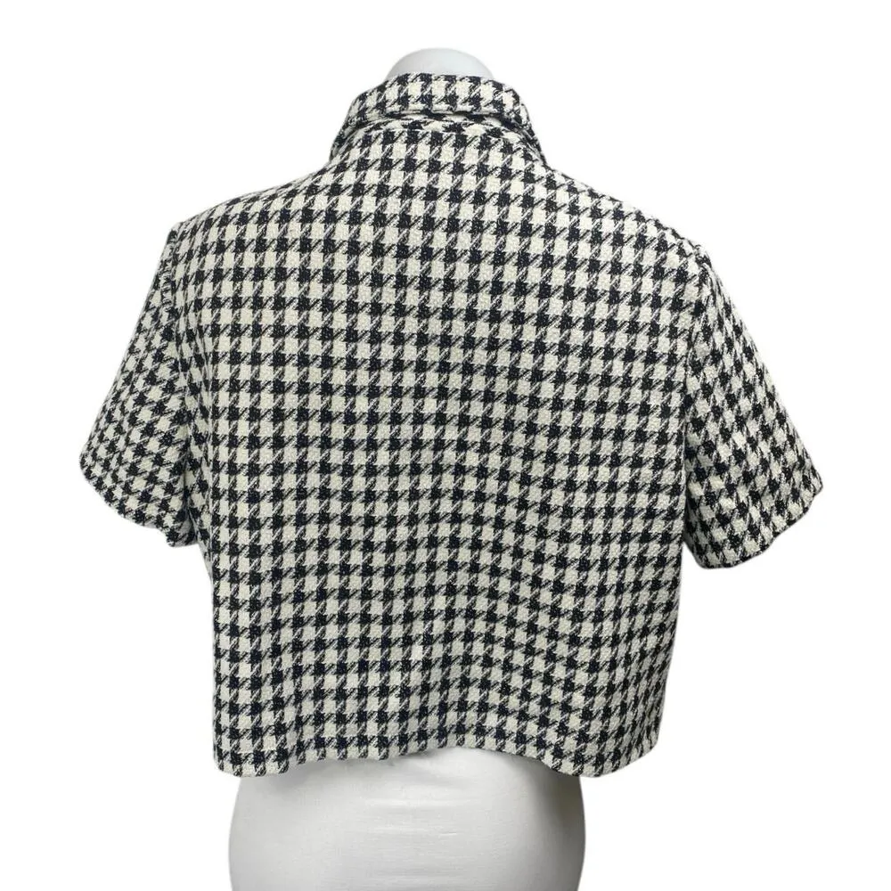 Shein Black White Houndstooth Plaid Check Short Sleeve Button Crop Shirt Top XL - Image 2