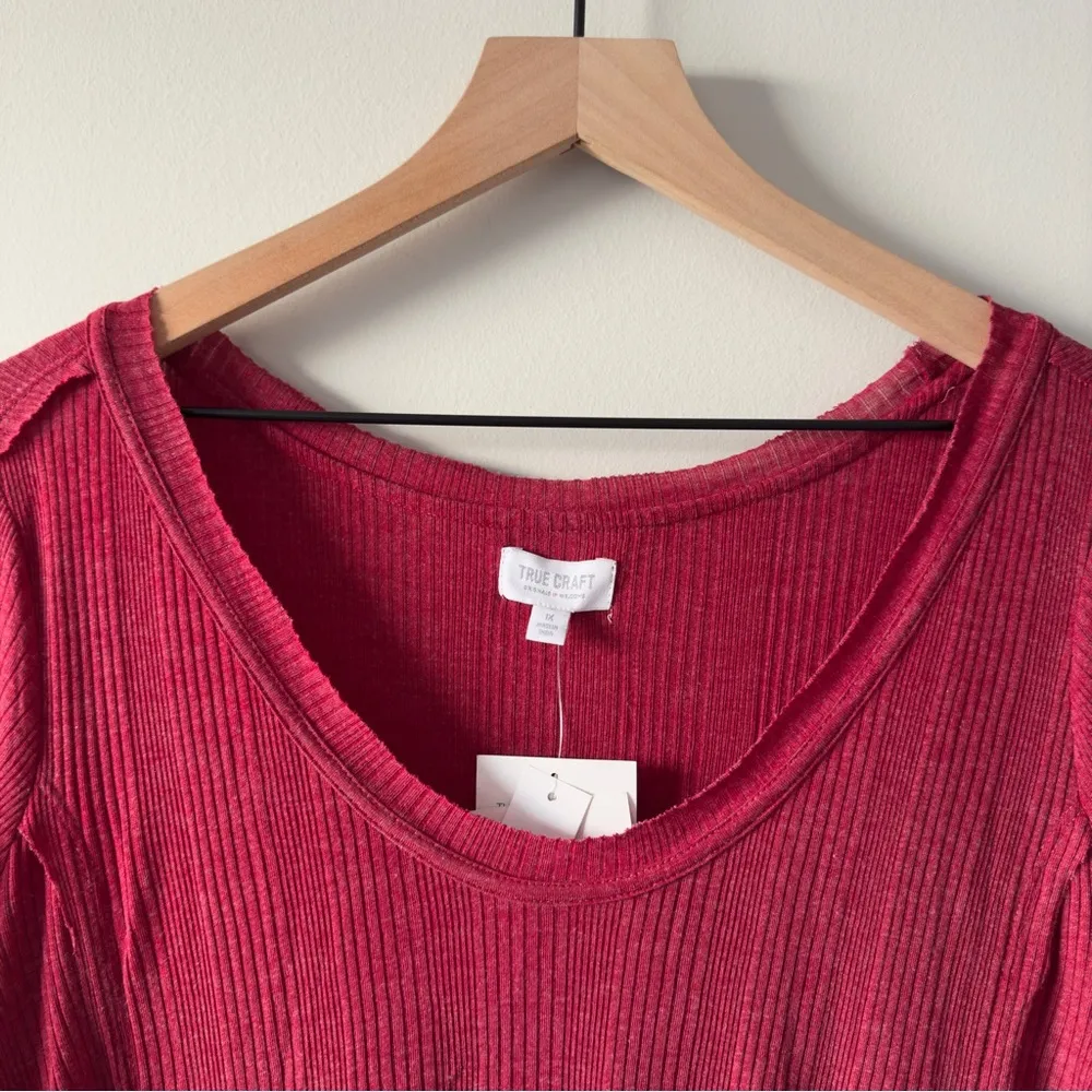 True Craft Red Babydoll Top Long Sleeve round neck cotton blend solid ribbed NWT - Image 8