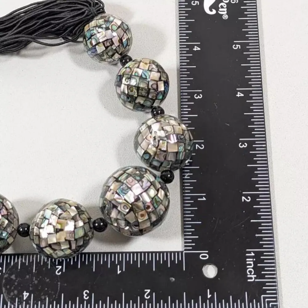 Chunky Sajen 925 Bead Runway necklace Mosaic Abalone Inlaid MOP Vintage 22" - Image 9