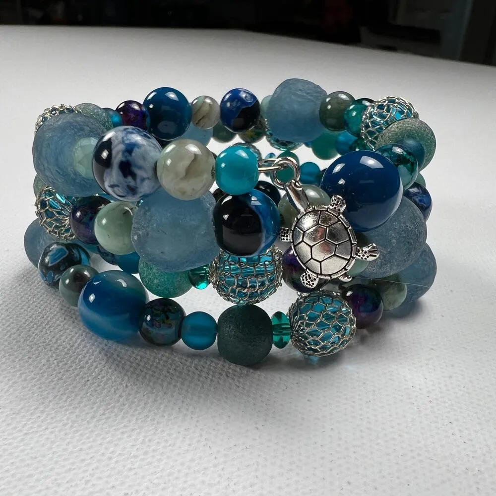 None Hand Beaded Coil Statement Bracelet Beachy Turquoise Beads and Mixed Metals - Image 2