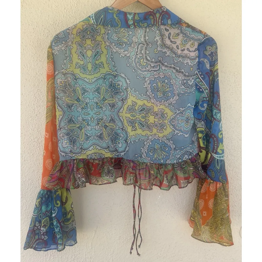 ZARA Crop Top S Paisley Patchwork Tie Front Sheer Multicolor Ruffles Bell Sleeve - Image 3