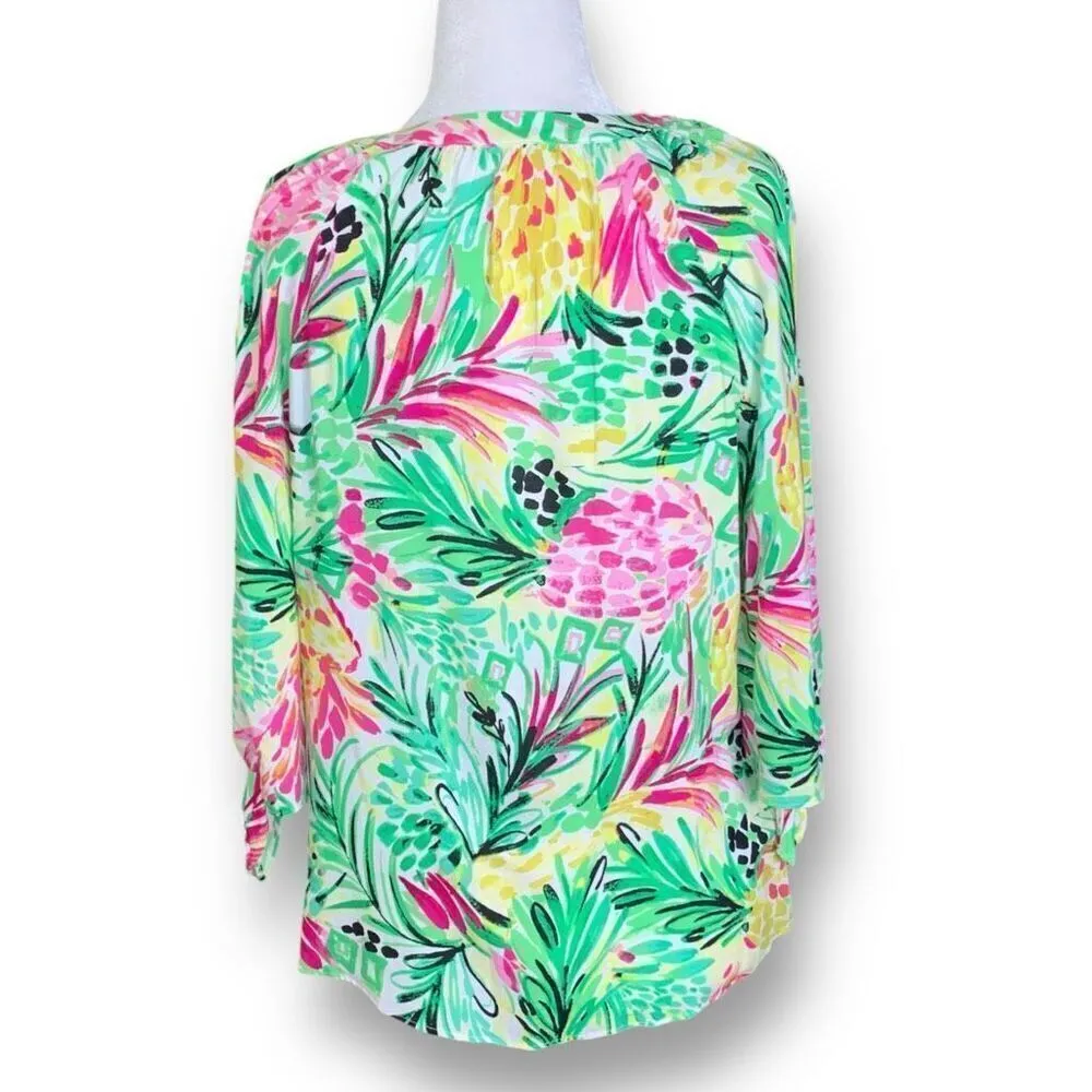 Pappagallo Eliza Blouse Green Multicolor Painted Pineapple Print Plunge Neck Top Size undefined - Image 5