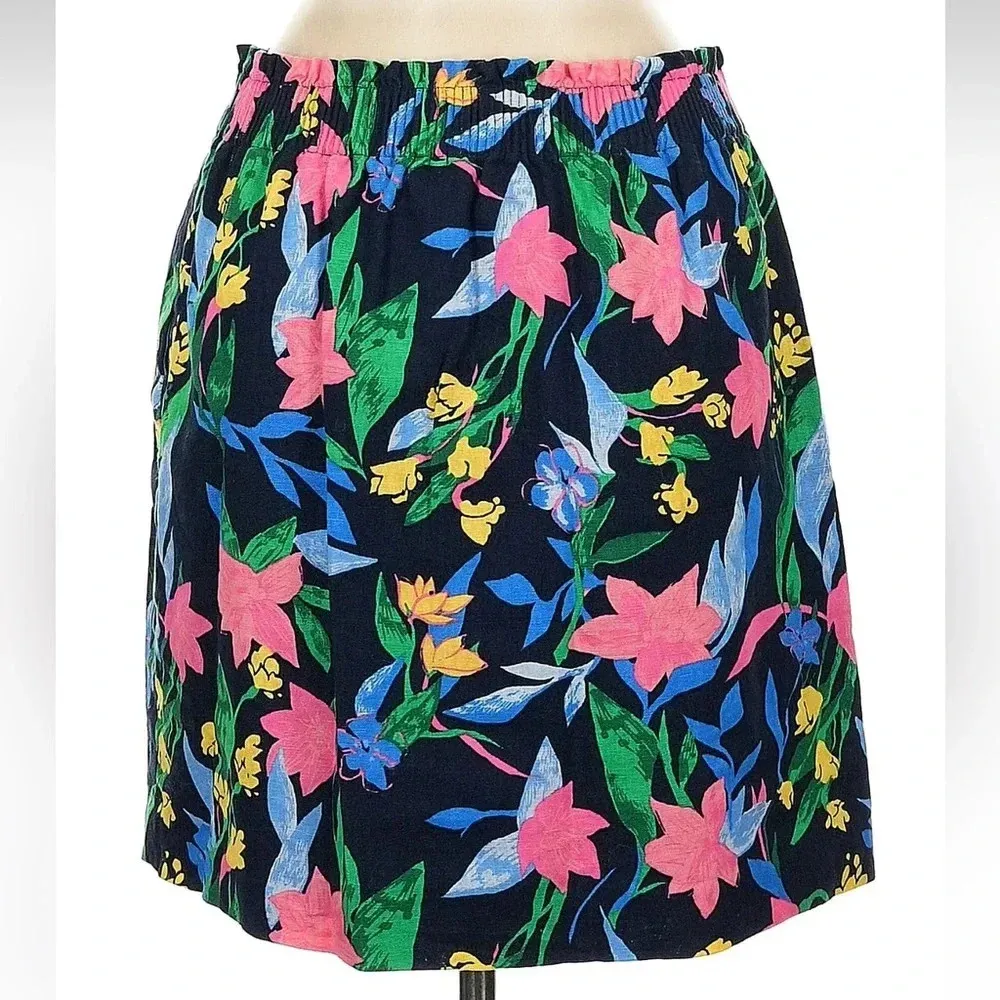 J. Crew Women's Linen Blend Navy Blue Pink Floral Elastic Waist Skirt Size 8 M - Image 2