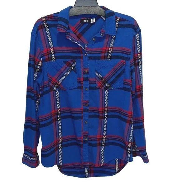 BDG Womens Flannel Long Sleeve Button‎ Down Shirt Blue Red Size Medium - Image 2