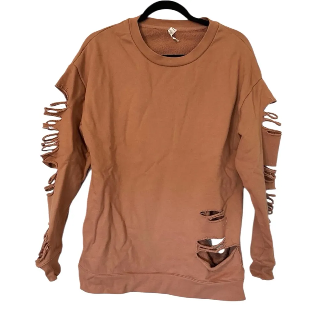 ALO Yoga Fade Distressed Pullover Crewneck Sweatshirt Womens Small Tan - Image 2