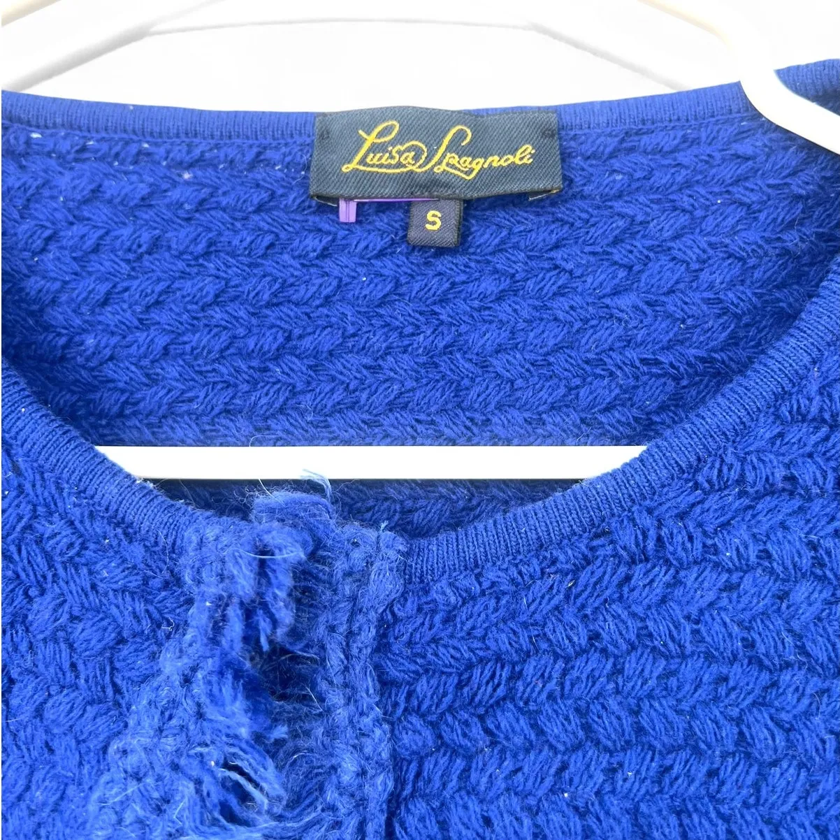 Luisa Spagnoli | S | Cardigan Sweater Knit Gold Button Womens Fringe Texture Blue - Image 3