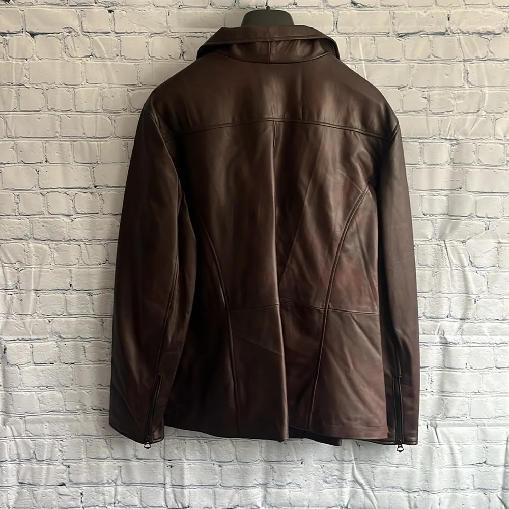 Italian Brown Leather Zip Up Jacket Made by CURGÈ Woman size 2XL EU 58 NWT W5‎ - Image 5