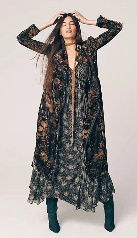 Free People Hazel Duster Velvet Coat Floral Print Black Gold Brown Lined XL  H - Image 2