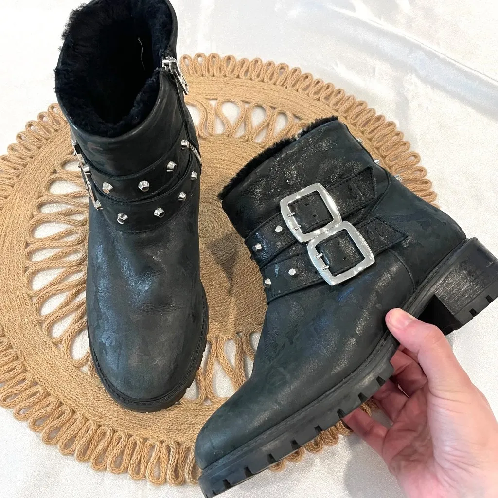 ROSS & SNOW Stefana Black Camo Leather Moto Boot Shearling Italy Size US 7 - Image 2