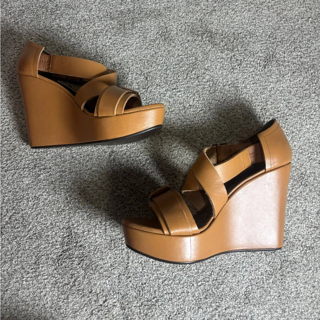 Marni Camel Leather Wedge Sandals Classic Italian Strappy Gold Metal Buckle 38 Tan Size 7 - Image 3