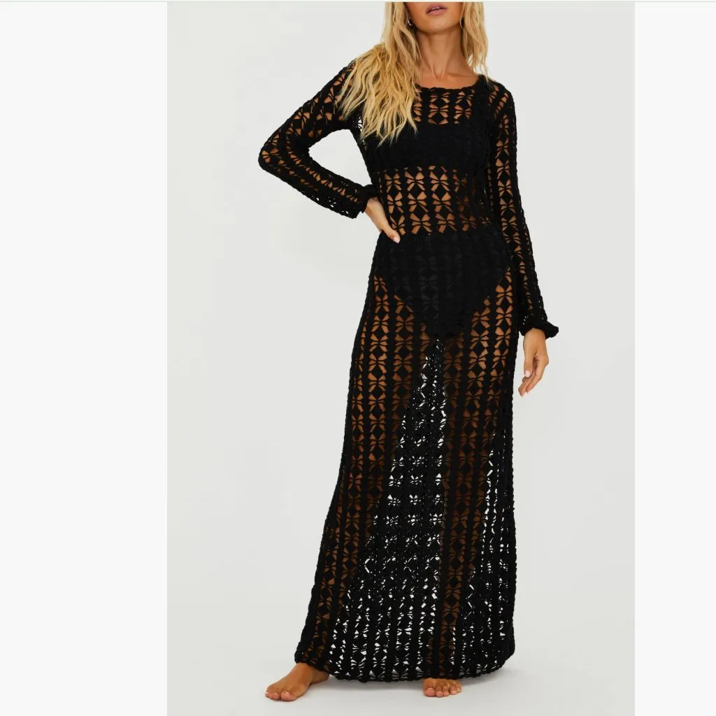 NWT $248 Beach Riot Ariana Long Sleeve Cotton Crochet Cover-Up Dress  BLACK S - Image 4