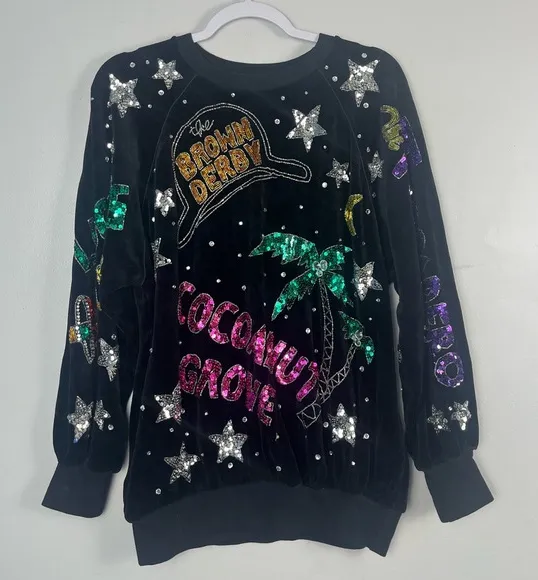Vintage Bonnie Boerer Black Velour Beaded Sequin Hollywood Sweatshirt 80s med - Image 1