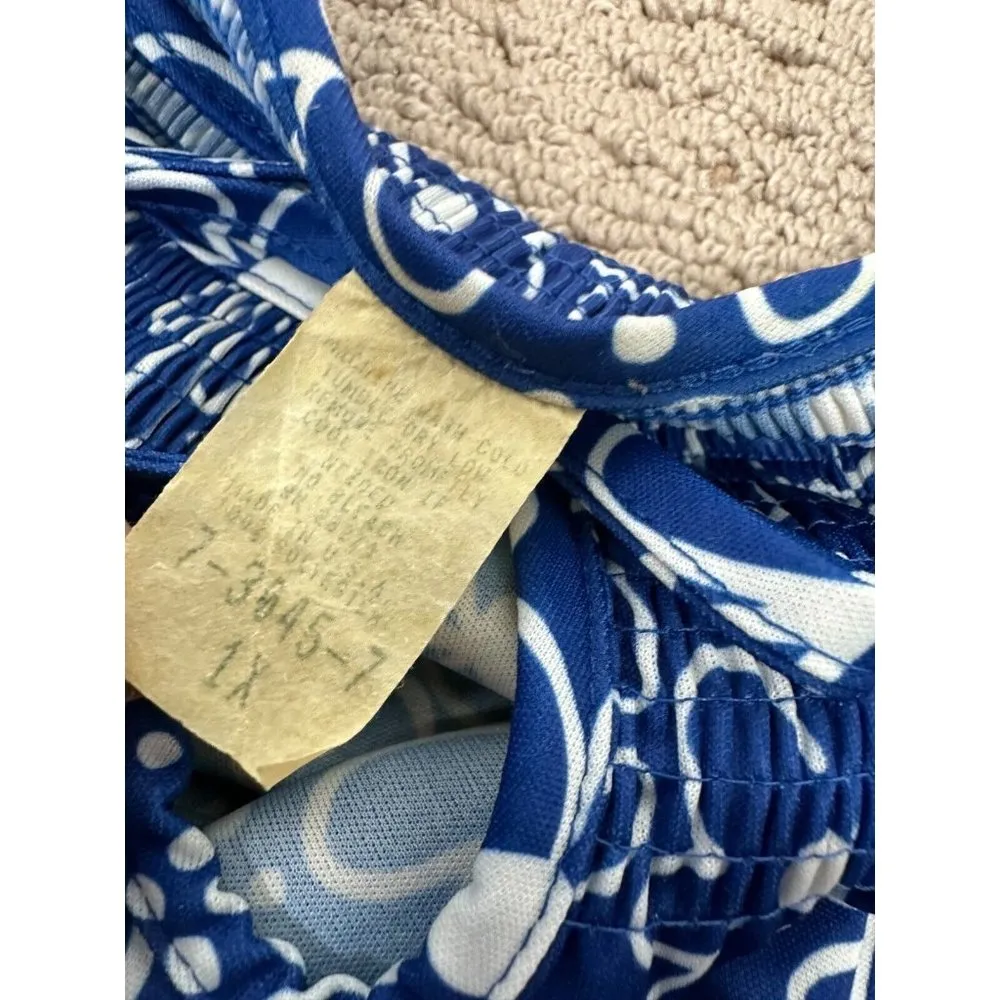 Vintage Womens 1X Top MuuMuu Shirt Short Sleeve Hawaiian Lounge Blue Floral - Image 9