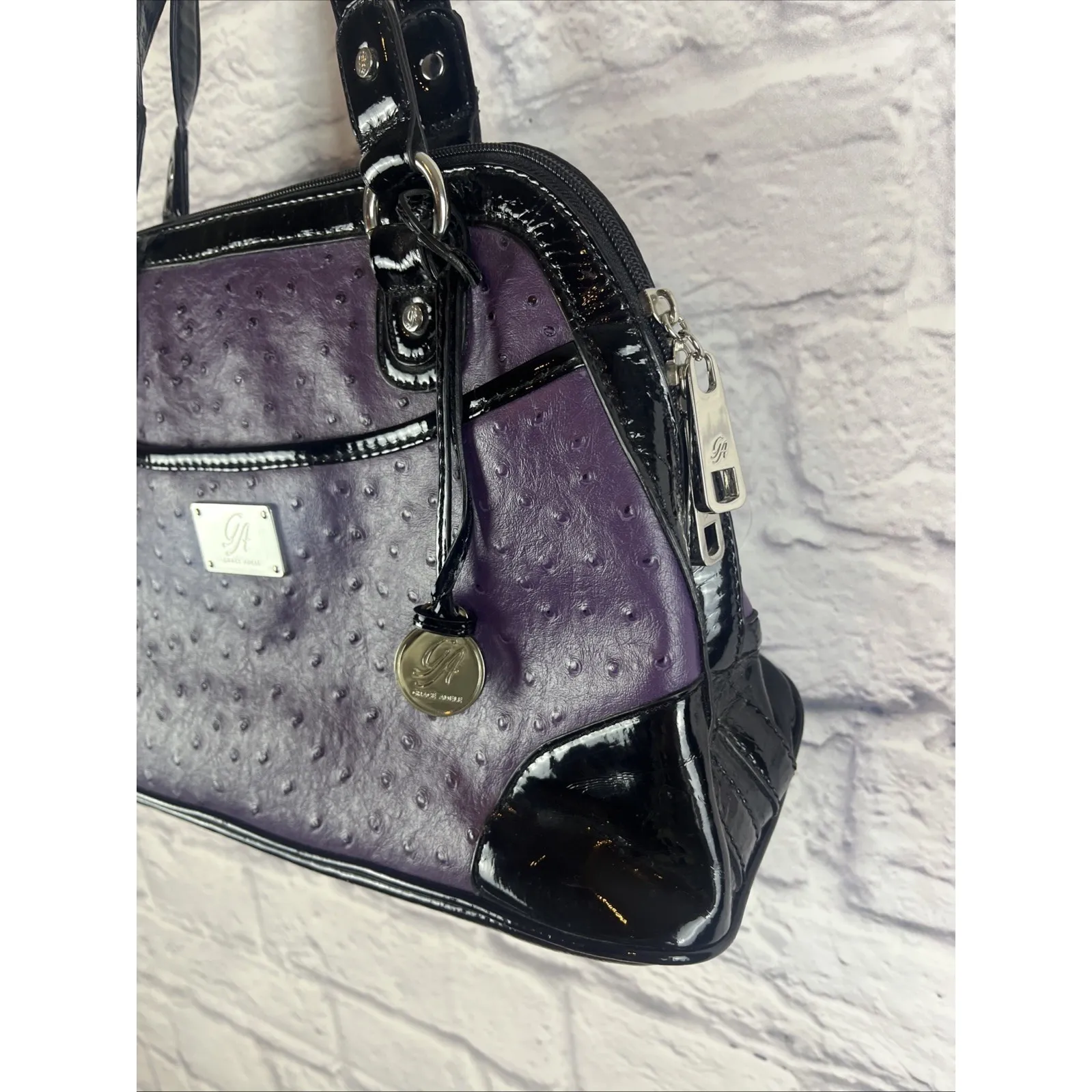 Grace Adele Emma Purple & Faux Ostrich Patent Leather Goth Shoulder Bag Purse - Image 4